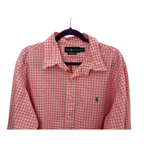 Ralph Lauren Custom Fit Mens Shirt XXL Pink Gingham Check Green Pony Preppy - Picture 3 of 10